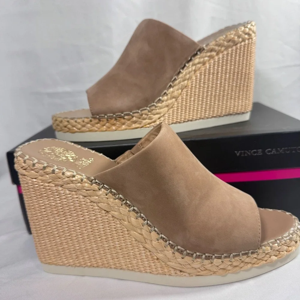 New Vince Camuto Brissia Tortilla Nubuck Espadrille Platform Wedge Mule Size 11M